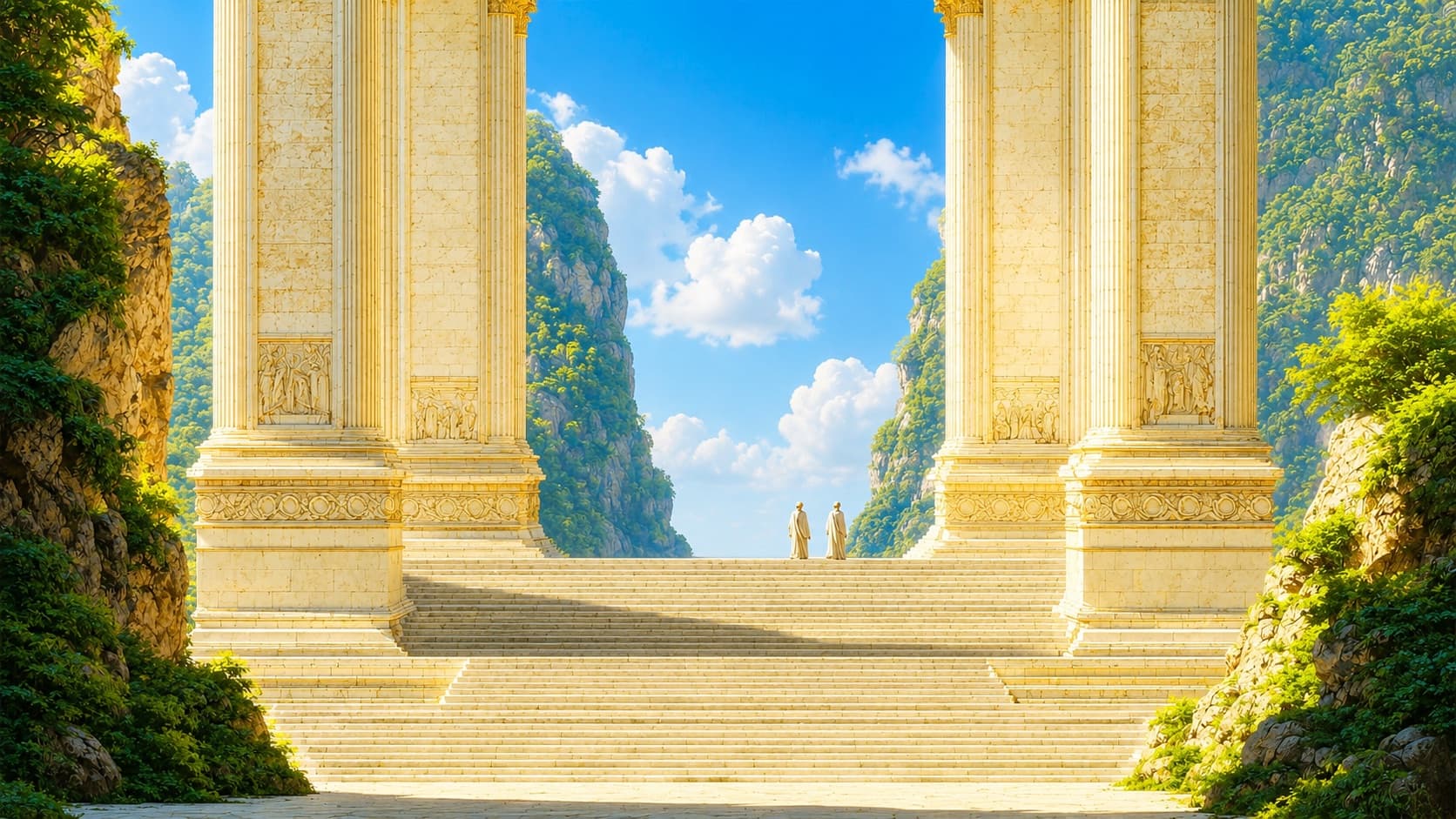 A golden colonnade opening onto a bright sky