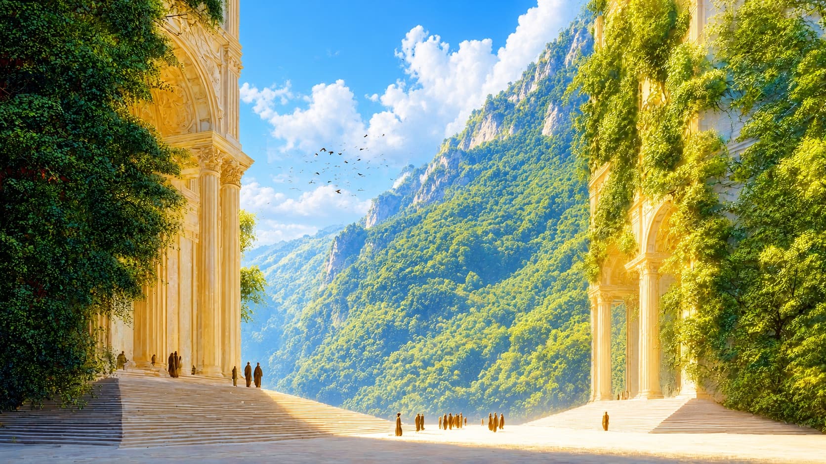 A golden classical hall opening onto a green valley