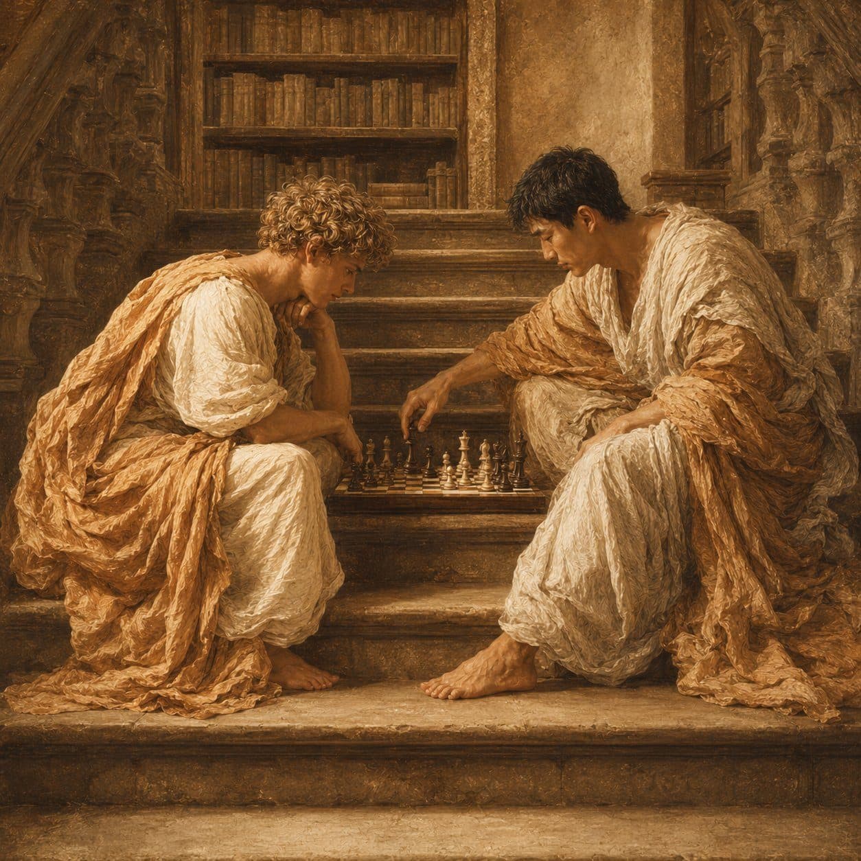 Two men in draped robes play chess on stone steps before a bookshelf, in warm tones.