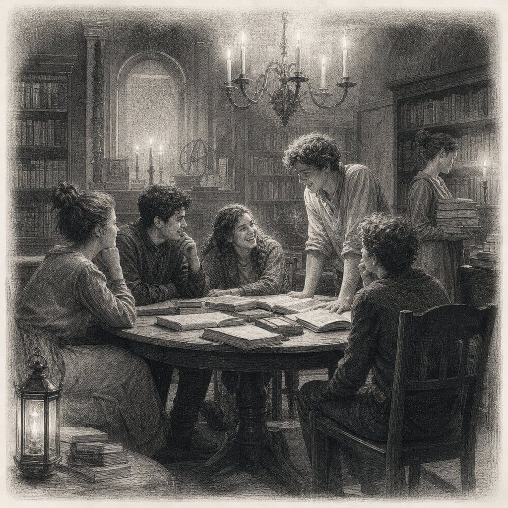 Pencil sketch of young people gathered around a table with open books in a candlelit library.