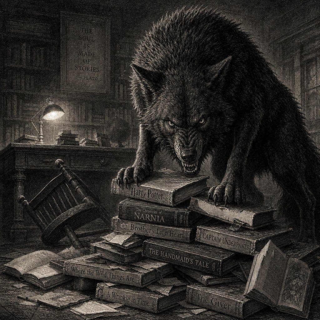 Snarling wolf crouches atop a pile of titled books in a dim library with lamp, desk and overturned chair.