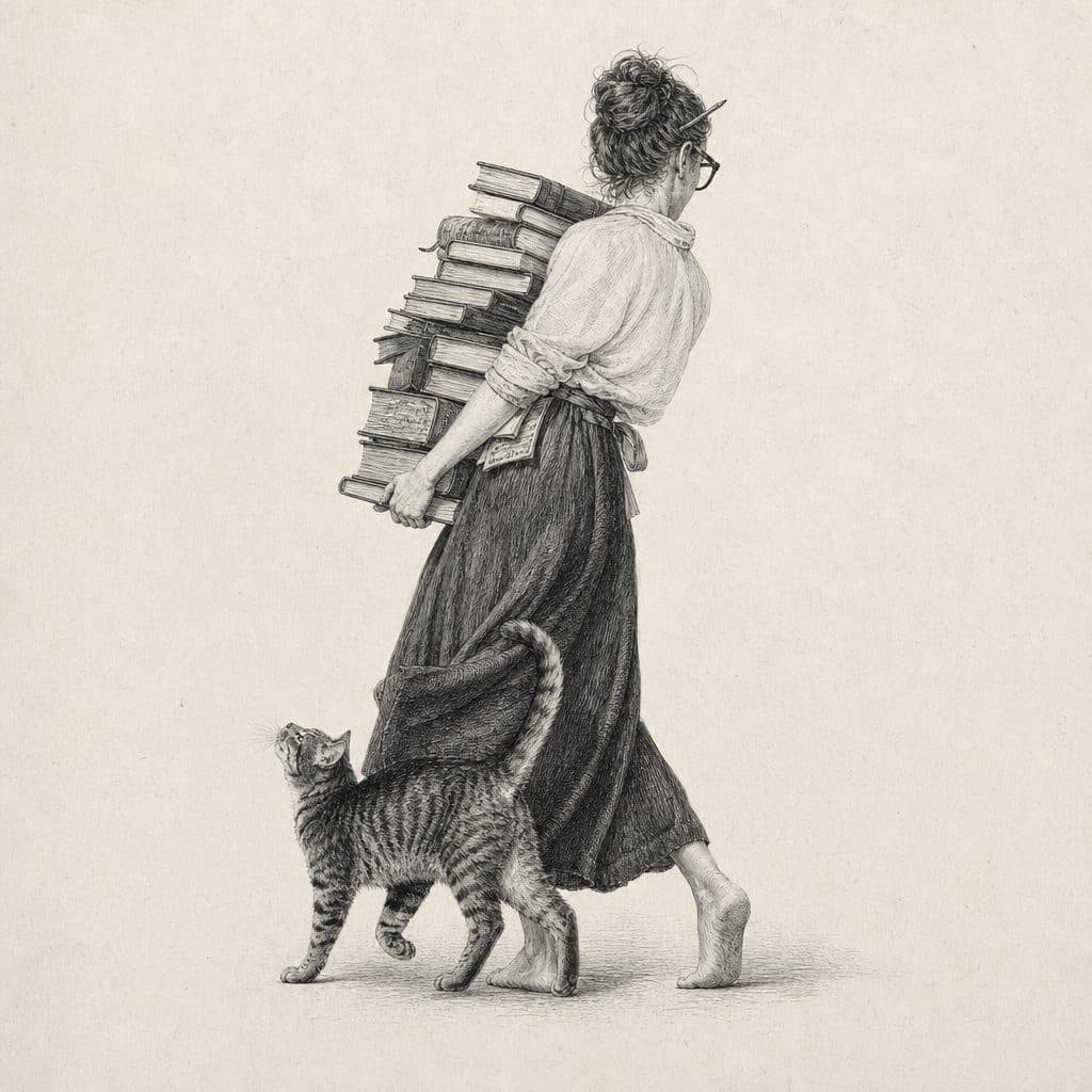 Pencil sketch of a barefoot woman carrying a stack of books, walking beside a striped cat.