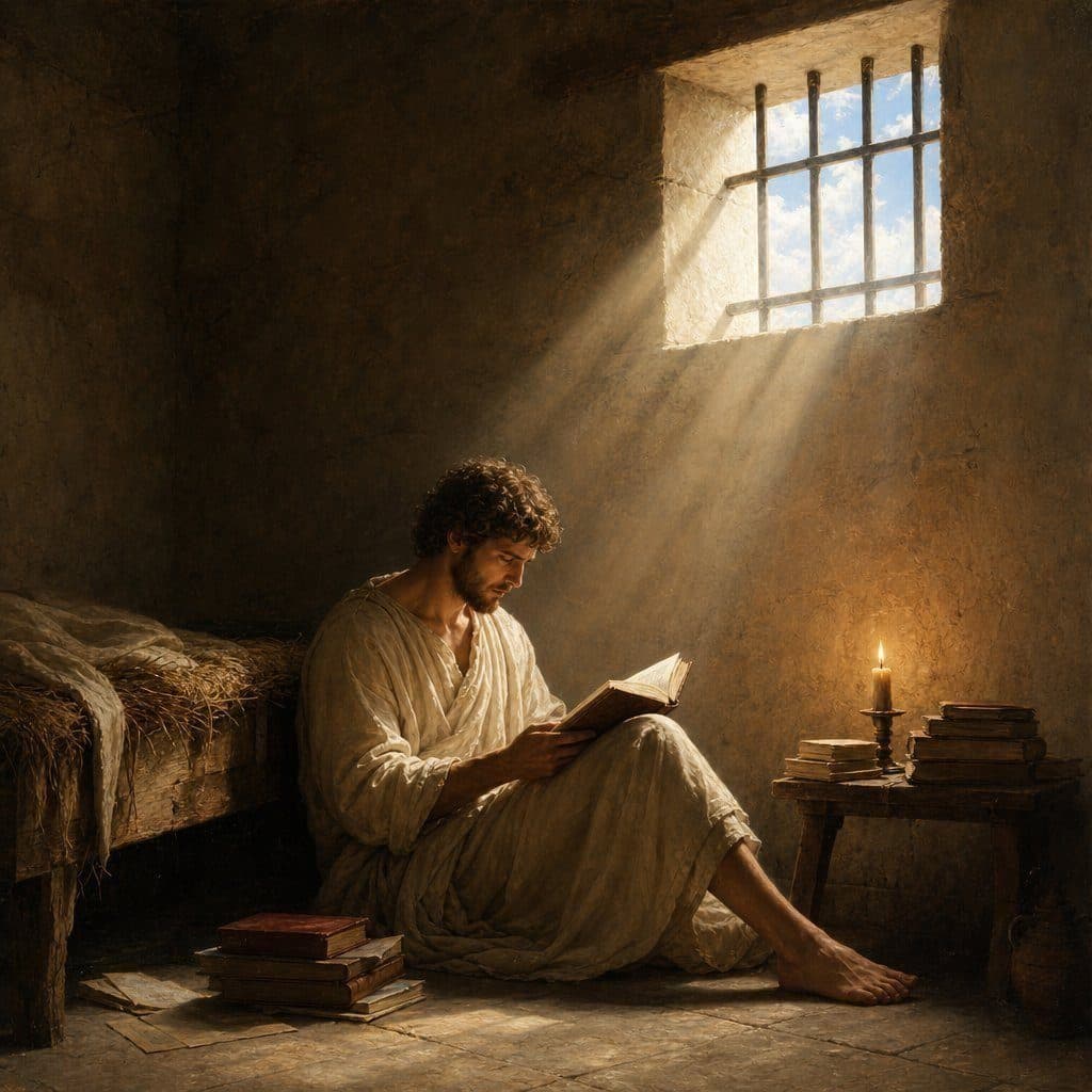 Barefoot man in robe reads a book on the floor of a stone cell lit by a barred window and candle.