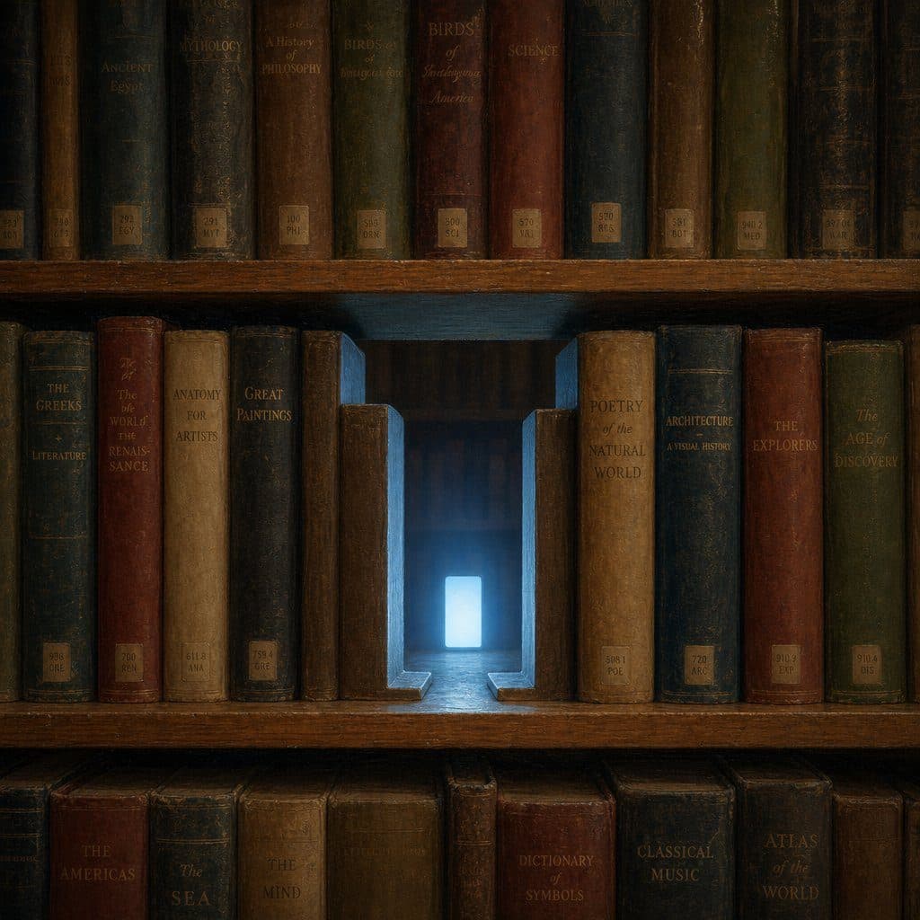 Bookshelf where books part to reveal a glowing doorway leading into a dark passage.