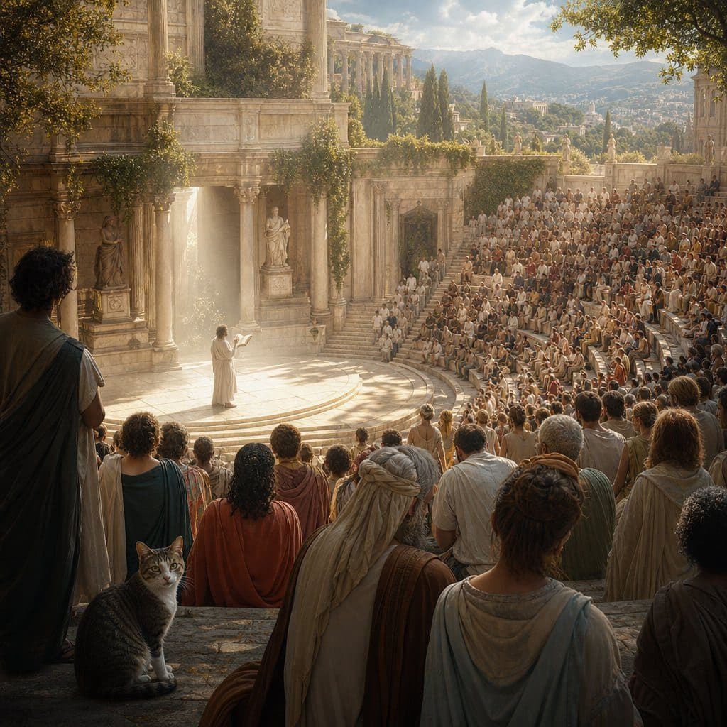 Robed crowd in ancient amphitheater watches a speaker on stage.
