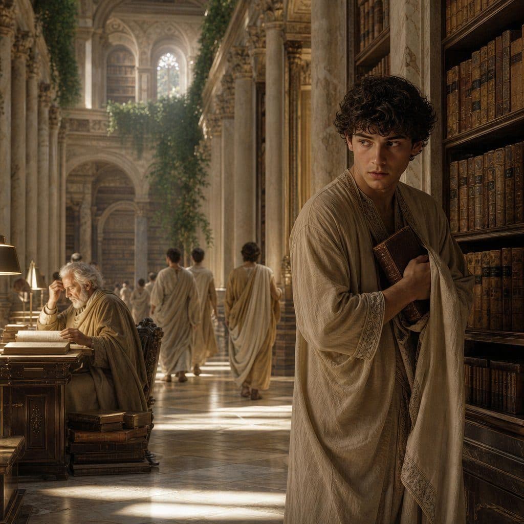 Young man in a robe clutching a book beside shelves in an ornate library, others in togas behind.