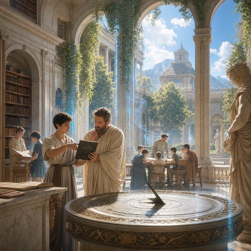 Men in togas study a book in a marble hall with bookshelves, statues and students.