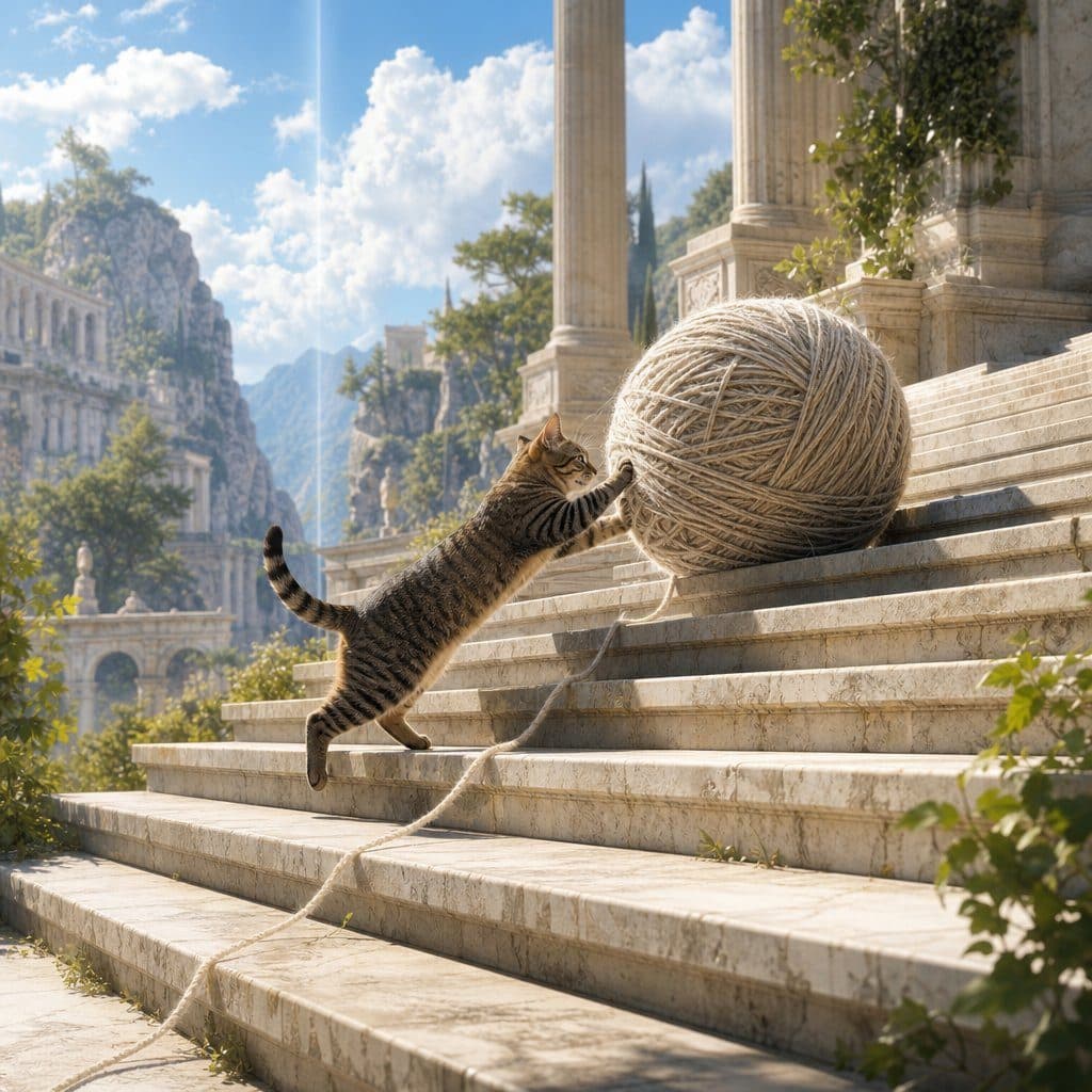 Tabby cat on marble steps pushing a giant ball of yarn, with columns, ruins, and mountains behind.
