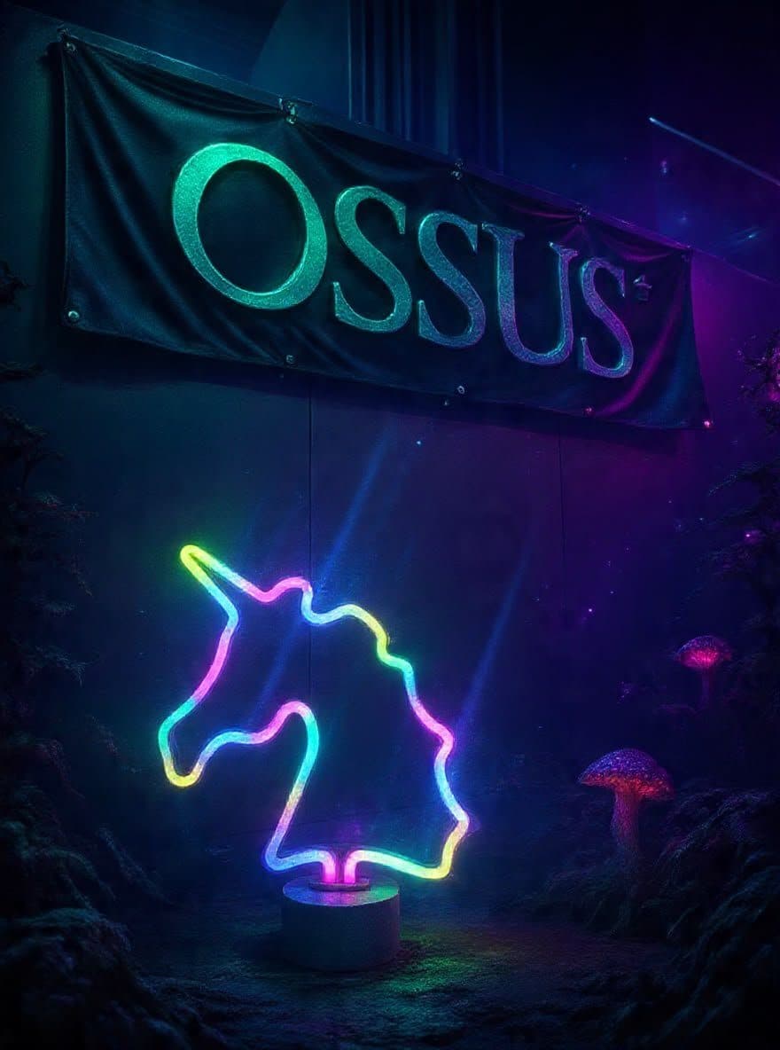 Rainbow neon unicorn-head sign glowing below a banner reading OSSUS, with glowing mushrooms in dark scene.